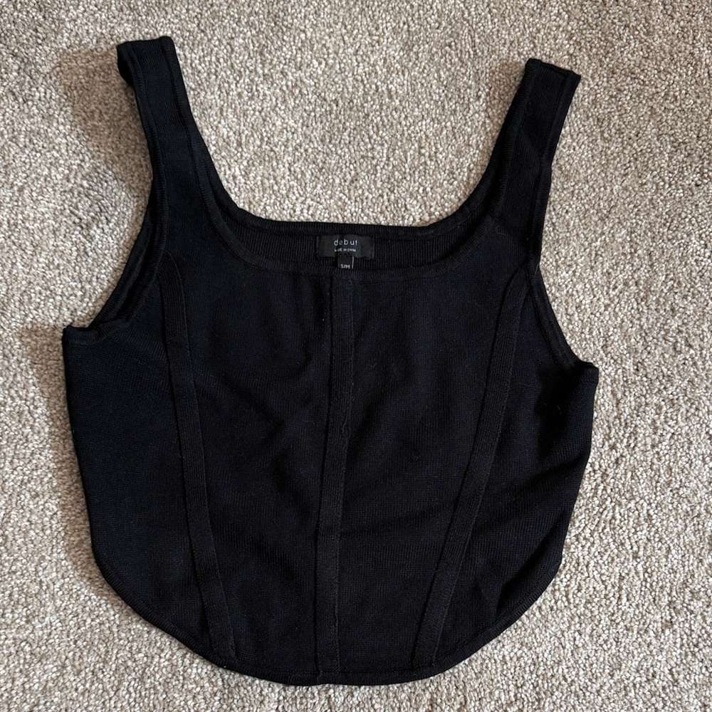 Debut Black Ribbed Square-Neck Crop Tank